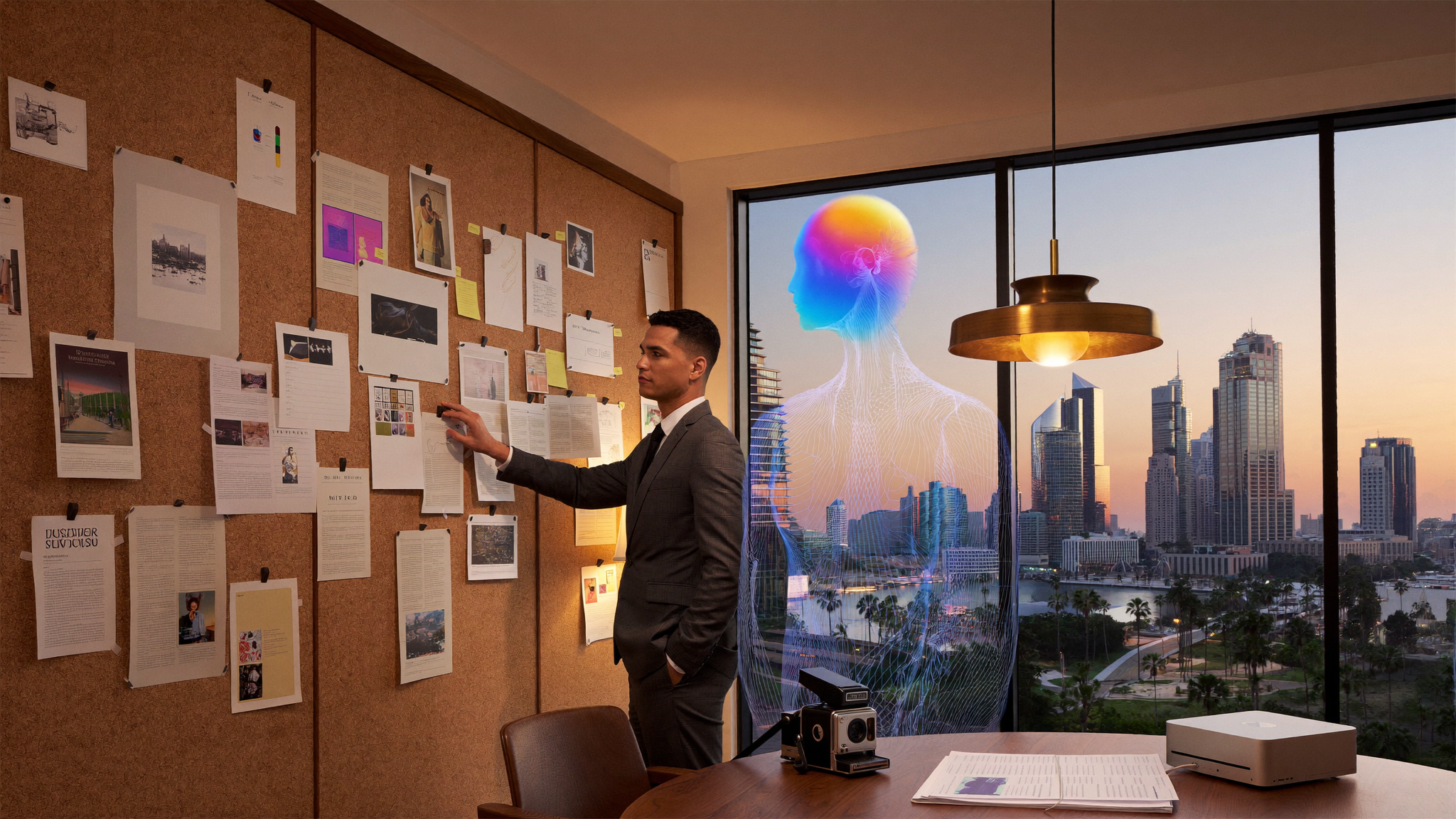 A photograph of a senior Miami strategist pinning layouts on a cork board beside a polished iridescent AI agent orb, rainbow data ribbons flowing between them — humans lead, machines analyze and execute around the clock