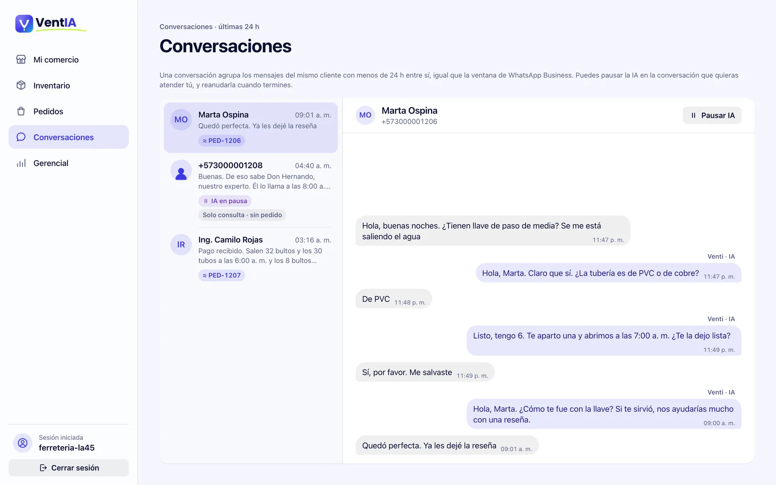 Pantalla de conversaciones de la plataforma Ventia