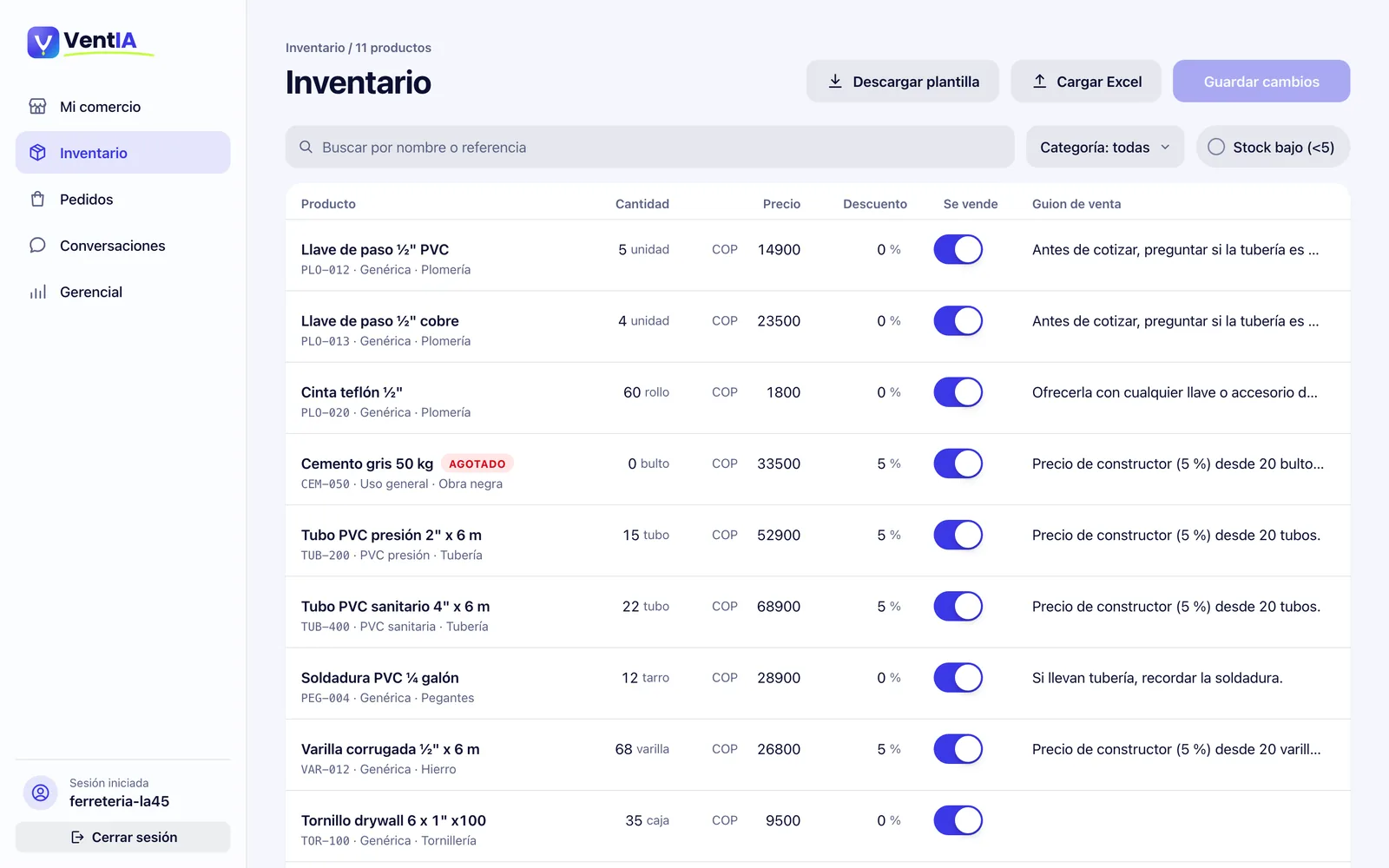 Pantalla de inventario de la plataforma Ventia