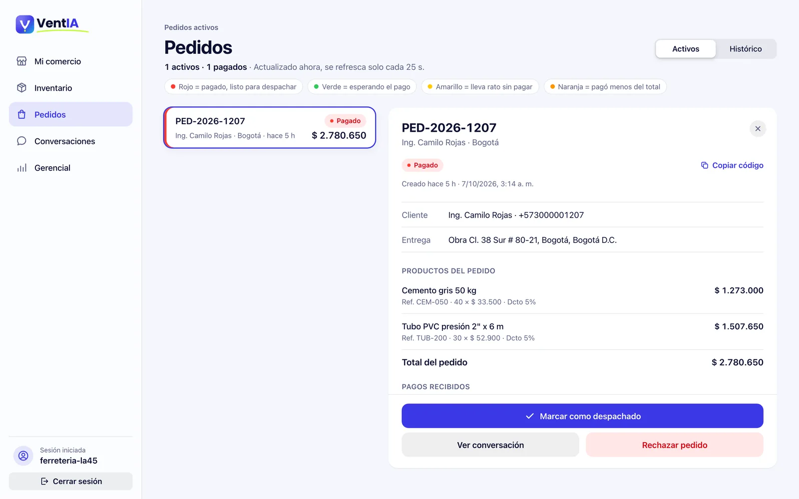 Pantalla de pedidos de la plataforma Ventia